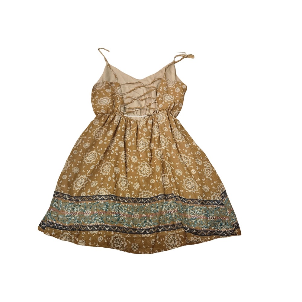 Tobi Womens Mustard Yellow Mandala Print Lace Up Back Mini Dress Strappy Boho